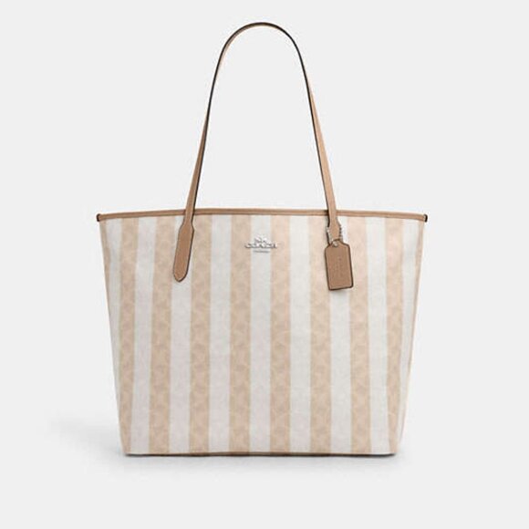 Large City Coach Tote Bag In Signature Canvas With Stripe.  Sand &Tan. NWT - Picture 1 of 10
